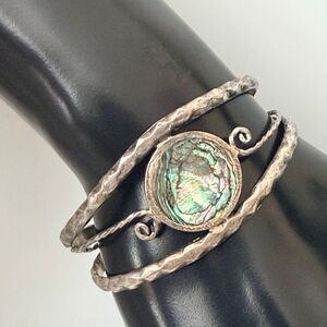 Vintage Alpaca Mexico Abalone Shell Hammered Cuff Bracelet